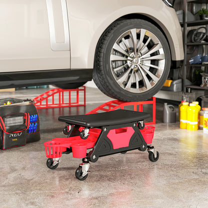 HOMCOM Rolling Mechanic Stool, 135kg Capacity Workshop Stool with 360° Swivel Wheels, Roller Creeper Seat with Slide Out Tool Trays, Drawer, Bottle Holders for Garage, Shop, Auto Repair, Red