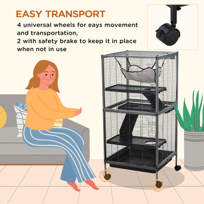 PawHut Small Animal Cage with Wheels Pet Home for Chinchillas Ferrets Kittens, with Hammock, 4 Platforms, Removable Tray, Silver 