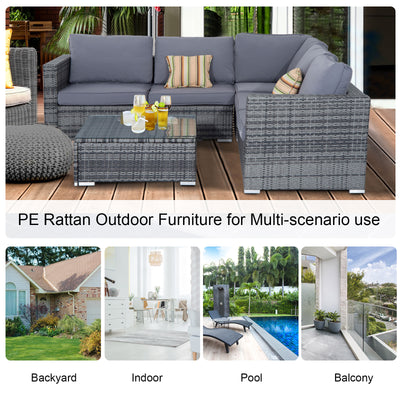 Outsunny 4 Pieces Rattan Garden Furniture Set, Wicker Outdoor Furniture Set with Corner Sofa Loveseat Coffee Table Cushions, Conservatory Furniture Set for Patio Balcony Poolside, Grey 