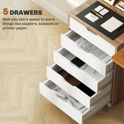 Vinsetto Five-Drawer Filing Cabinet, with Wheels - Oak Brown 