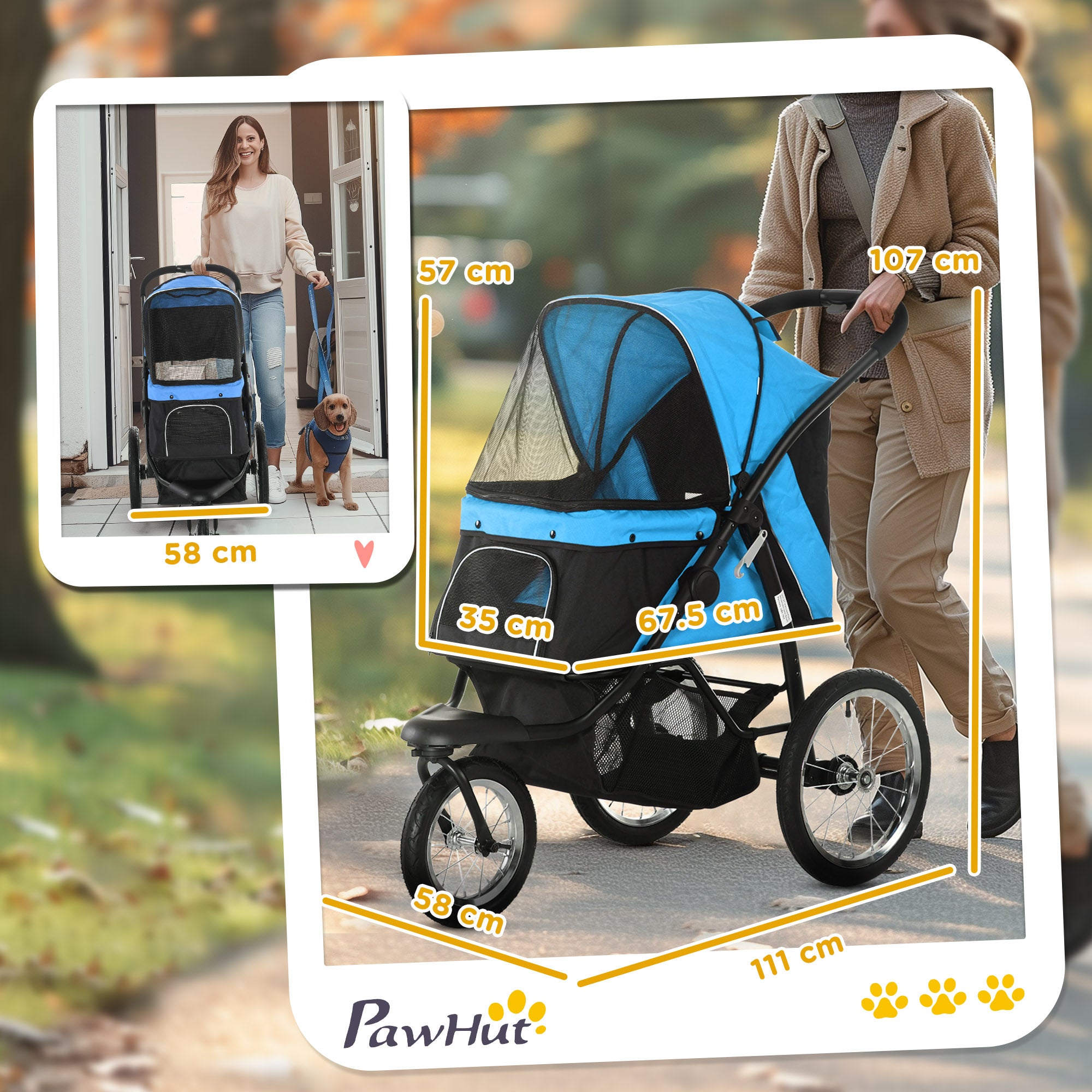 PawHut Dog Pram Dog Stroller Jogger Foldable Pet Pushchair for Medium, Small Dogs, w/ Rubber Wheels, Washable Cushion - Blue 