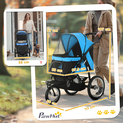 PawHut Dog Pram Dog Stroller Jogger Foldable Pet Pushchair for Medium, Small Dogs, w/ Rubber Wheels, Washable Cushion - Blue 