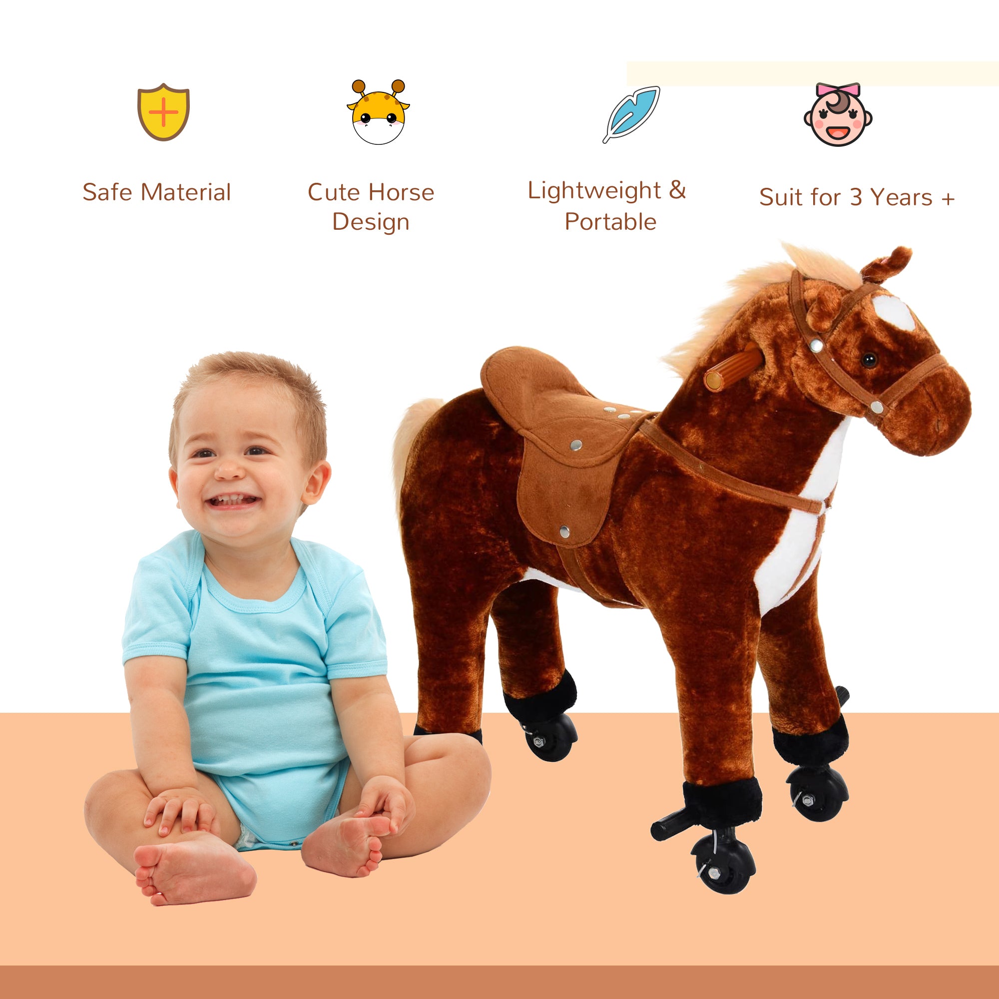 HOMCOM Plush Walking Horse Ride On Toy with Wheels and Realistic Sounds Rocking Horse for Girls Boys 3+ Years Old, 50cm Tall, Brown 