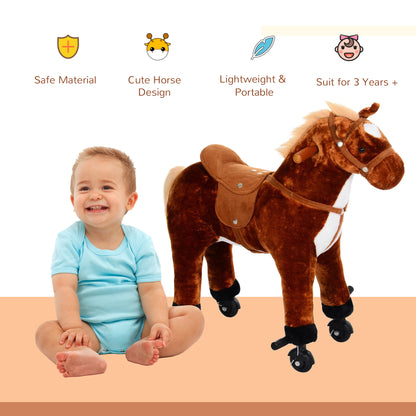 HOMCOM Plush Walking Horse Ride On Toy with Wheels and Realistic Sounds Rocking Horse for Girls Boys 3+ Years Old, 50cm Tall, Brown 