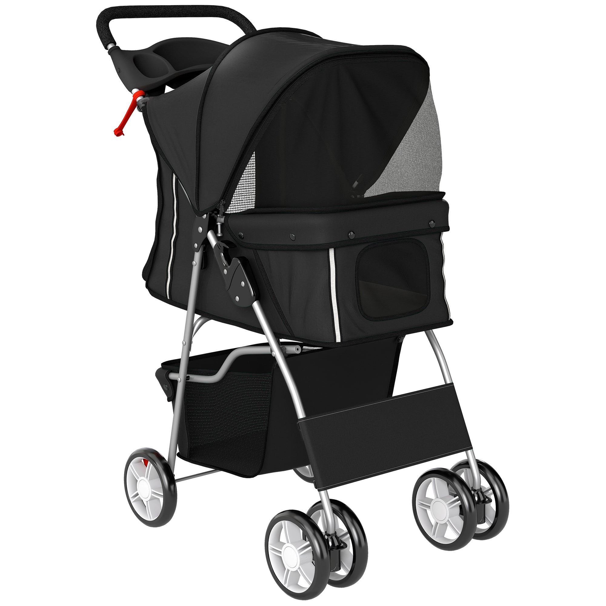 PawHut Dog Pram, Pet Stroller with Reflective Strips, Foldable Cat Stroller with 360° Swivel Wheels, Black 