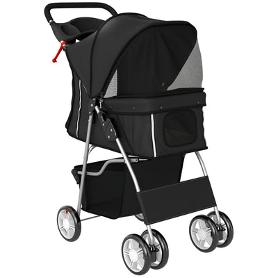 PawHut Dog Pram, Pet Stroller with Reflective Strips, Foldable Cat Stroller with 360° Swivel Wheels, Black 