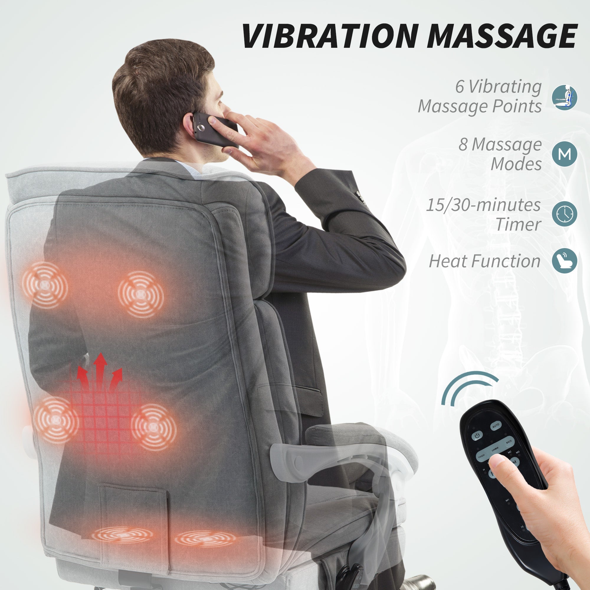 HOMCOM Executive Office Chair with 8-point Massage and Heat, Fabric Computer Desk Chair with Reclining Backrest, High Back, Height Adjustable, Swivel Wheels, Footrest, Remote, for Home, Grey 