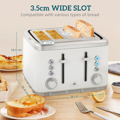 HOMCOM Electric Stainless Steel Kettle and Toaster Set, 3000W 1.7L UK Strix Thermostat Fast Boil Kettle w/ Limescale Filter, Cool Touch Body, 4 Slice Toaster with 7 Browning Levels, Crumb Tray, White 