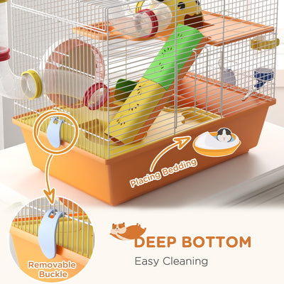 PawHut 3 Tiers Gerbil Cage, Hamster Cage with Tubes, Exercise Wheel, Ladder, Top Handle, 45 x 28 x 37cm - Orange 