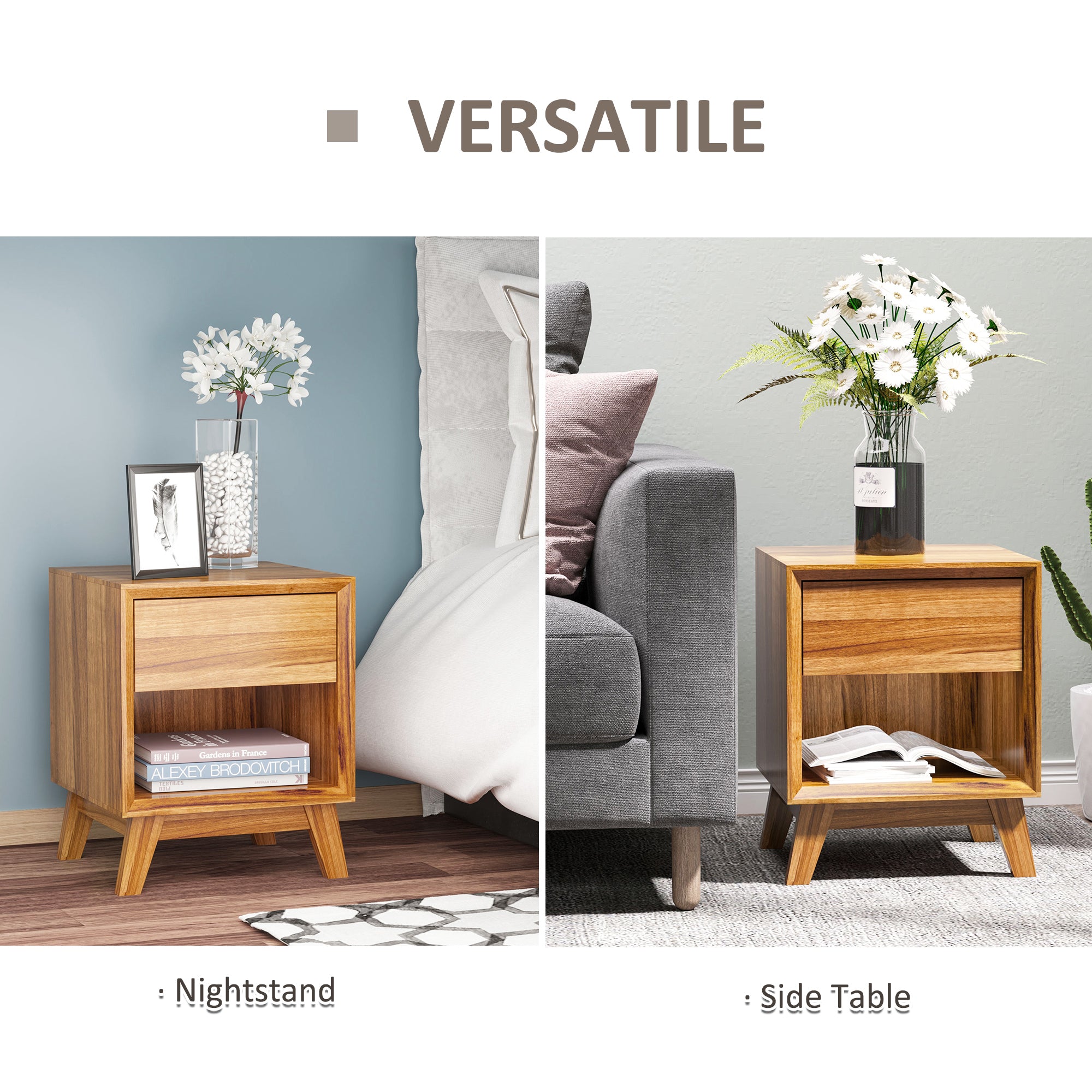 HOMCOM Modern Bedside Table Nightstand, Living Room End Table, Side Table with Drawer and Shelf, Set of 2, Walnut Brown 