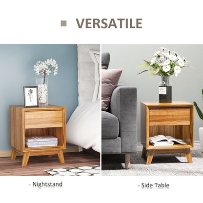 HOMCOM Modern Bedside Table Nightstand, Living Room End Table, Side Table with Drawer and Shelf, Set of 2, Walnut Brown 