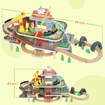 AIYAPLAY 79 Piece Wooden Train Set, Kids Train Track Mine Themed with Crane, Helicopter 
