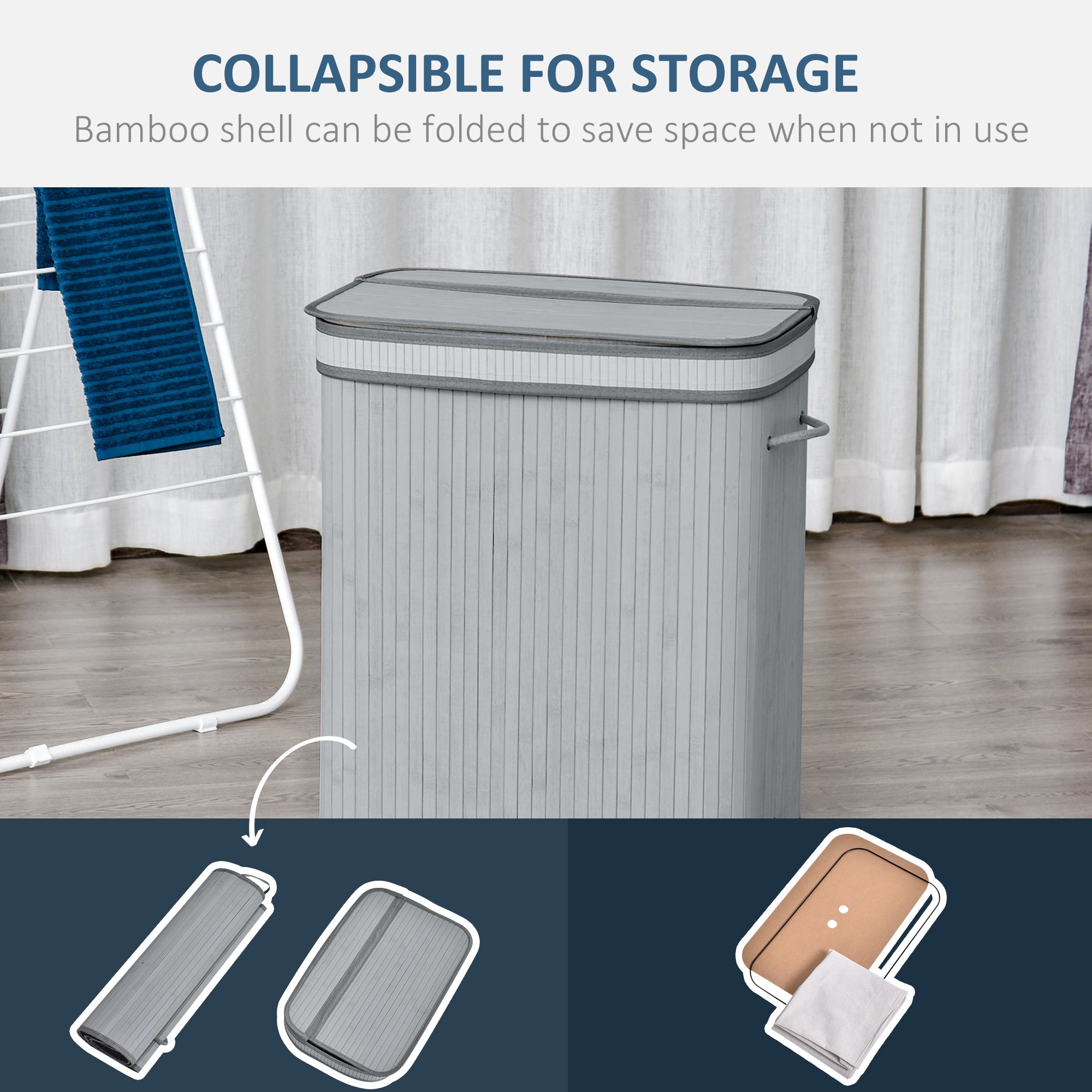 HOMCOM 100L Natural Wood Laundry Basket A Compartment w/Flip Lid Removable Lining Handles Board Base Foldable Durable Water-Resistant Dirty Clothes Storage Home Organisation Grey 