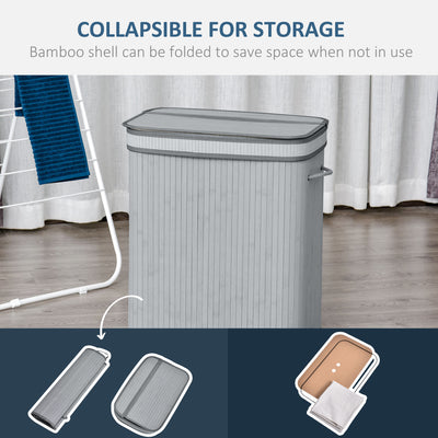 HOMCOM 100L Natural Wood Laundry Basket A Compartment w/Flip Lid Removable Lining Handles Board Base Foldable Durable Water-Resistant Dirty Clothes Storage Home Organisation Grey 