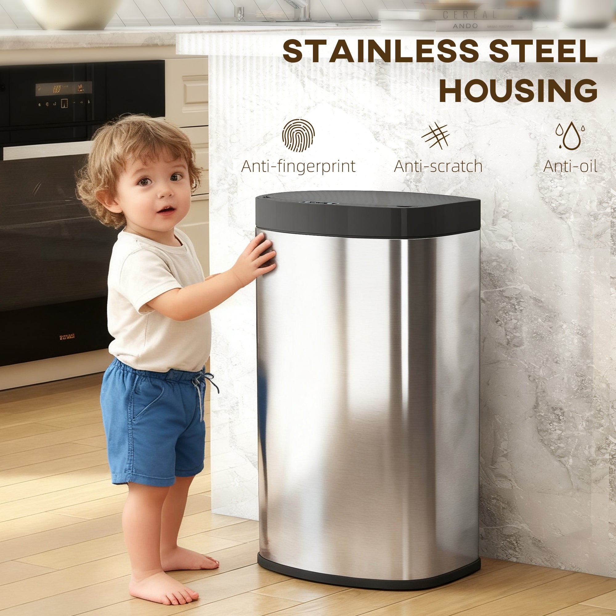 HOMCOM 55L Sensor Bin with Soft-Close Lid, Automatic Touchless Motion Sensor Kitchen Bin with Fingerprint Resistant Stainless Steel for Hygienic Gyms, Home Office Use, Silver Tone 