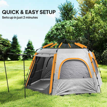 Outsunny Instant Camping Tent, 2/3/4 Person Easy Setup Family Tent with Vestibule, Rainfly, 4 Mesh Windows & 2 Doors, Hexagonal Design, Waterproof UV Protected Dome Tent, Light Grey 