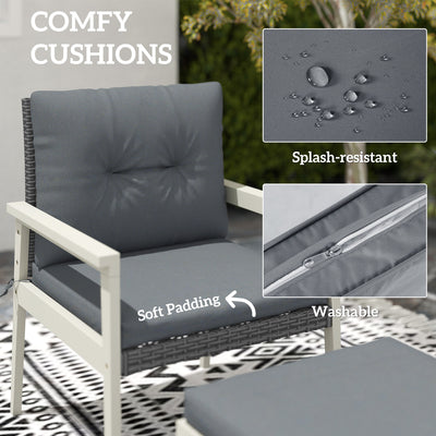 Outsunny 5 Pieces Rattan Garden Furniture Set, Patio Conversation Set with Cushions, Acacia Wood Top Coffee Table and Footstools, Outdoor Table and Chairs for Balcony, Terrace and Conservatory, Grey 