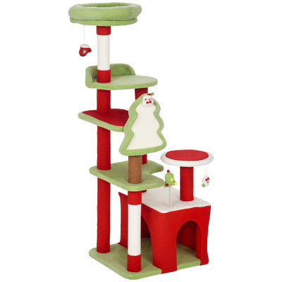 PawHut Cat Tree, 120cm Christmas Cat Tower with 3 Scratching Posts, Scratching Board, 2 Perches, Platforms, Toys, Green 
