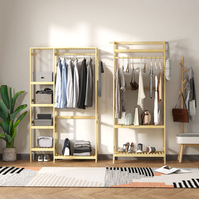 HOMCOM Bamboo Garment Rack, Clothes Rack with Storage Shelf, Hanging Rail and Side Hooks for Entryway, Bedroom, Bathroom and Office, Natural 