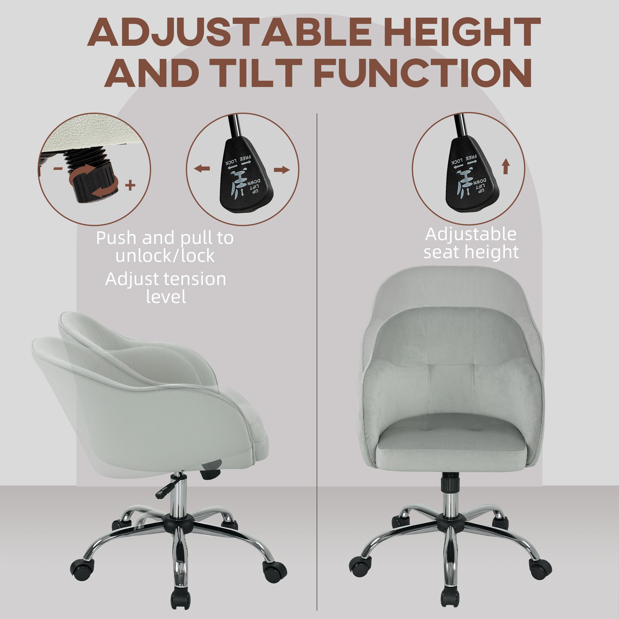 HOMCOM Velvet-feel Swivel Office Chair - Grey