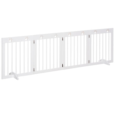 PawHut Freestanding Pet Gate 4 Panel Wooden Dog Barrier Folding Safety Fence with Support Feet up to 204cm Long 61cm Tall for Doorway Stairs White 