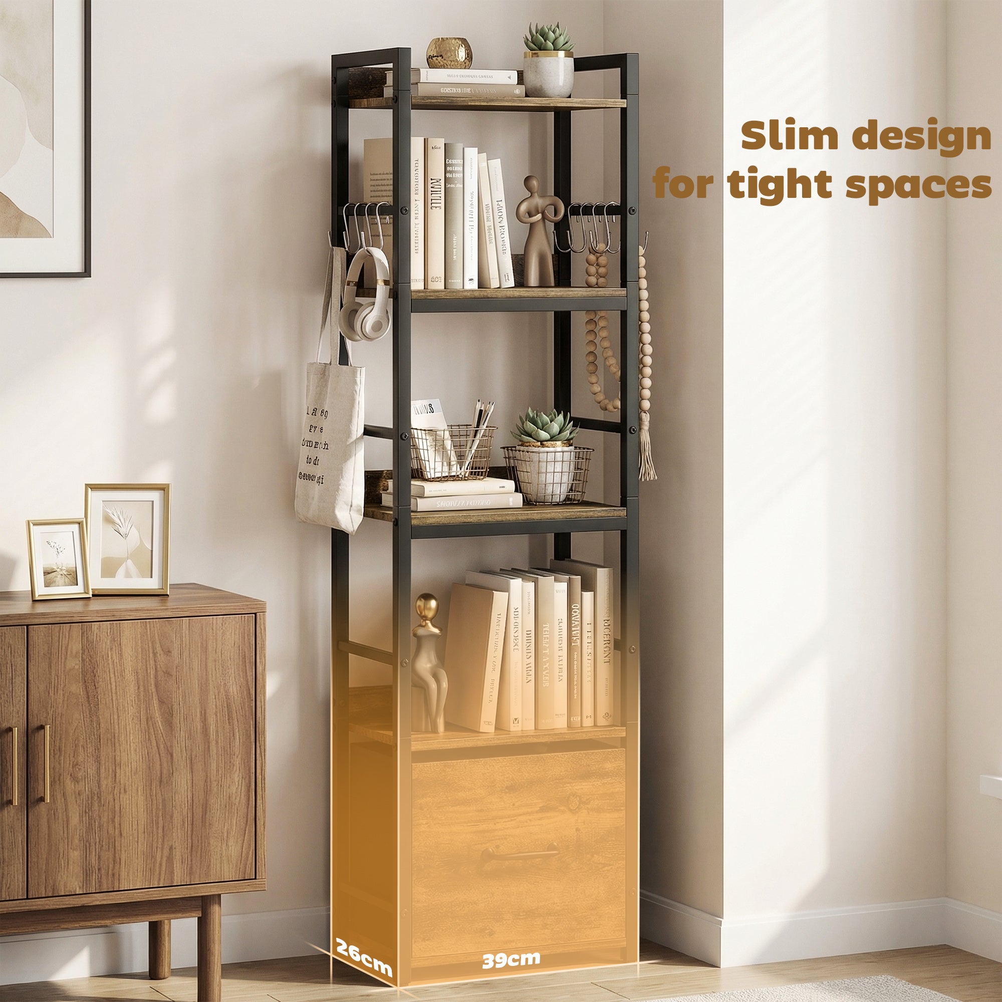 HOMCOM 4-Tier Bookshelf, Narrow Bookcase with Drawer, 8 Hooks, Metal Frame, Rustic Brown 