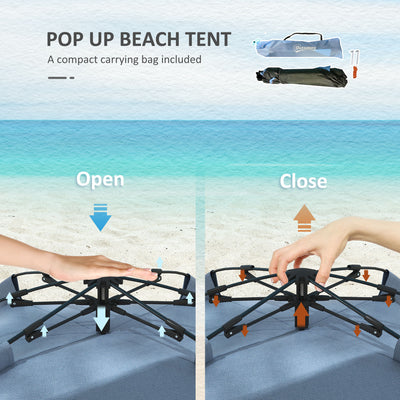 Outsunny 2-3 Person Pop Up Beach Tent, UPF15+ Sun Shelter with Extended Floor, Sandbags, Mesh Windows and Carry Bag, Light Blue 