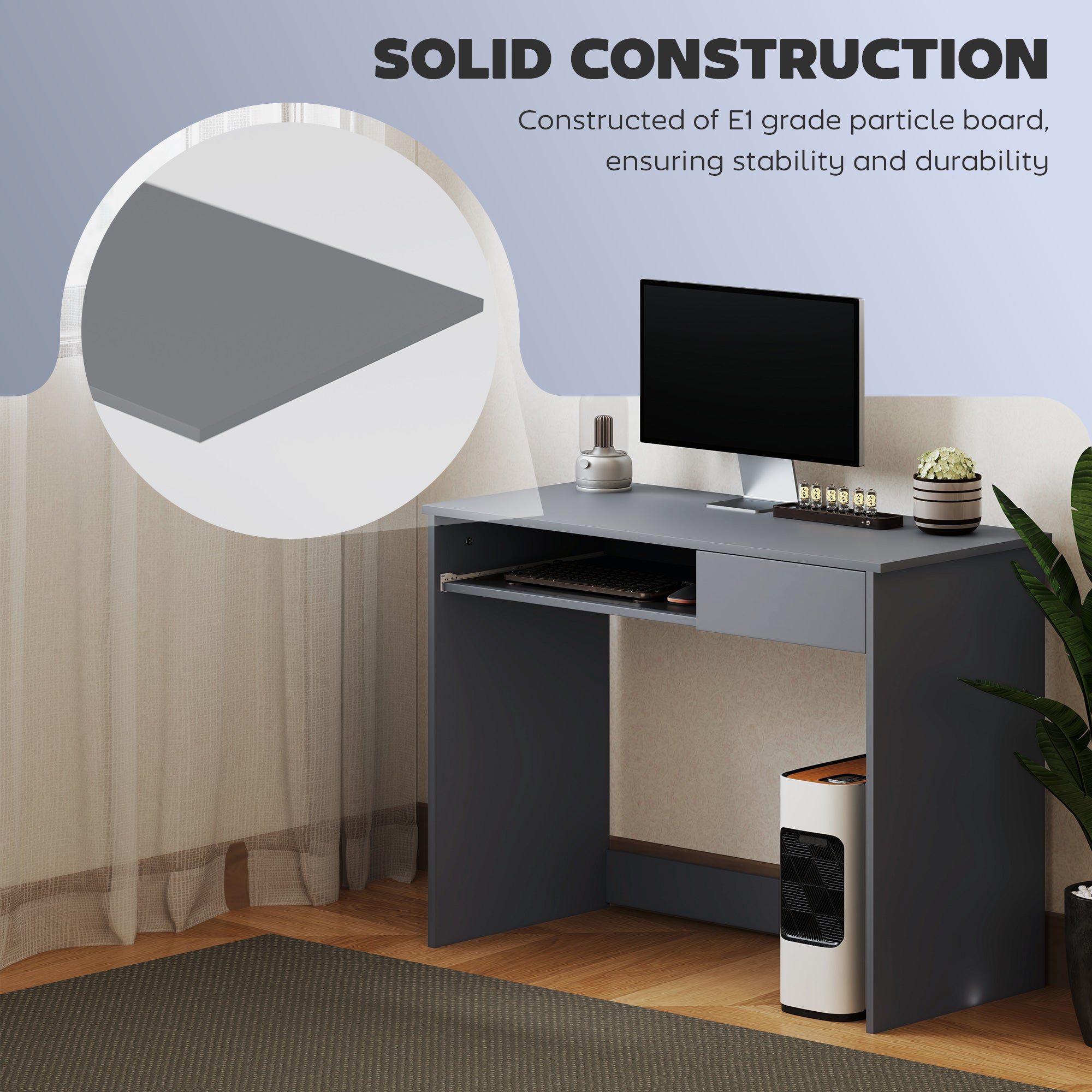 HOMCOM Compact Computer Desk with Keyboard Tray, Home Office Desk with Drawer for Bedroom Study, Grey 