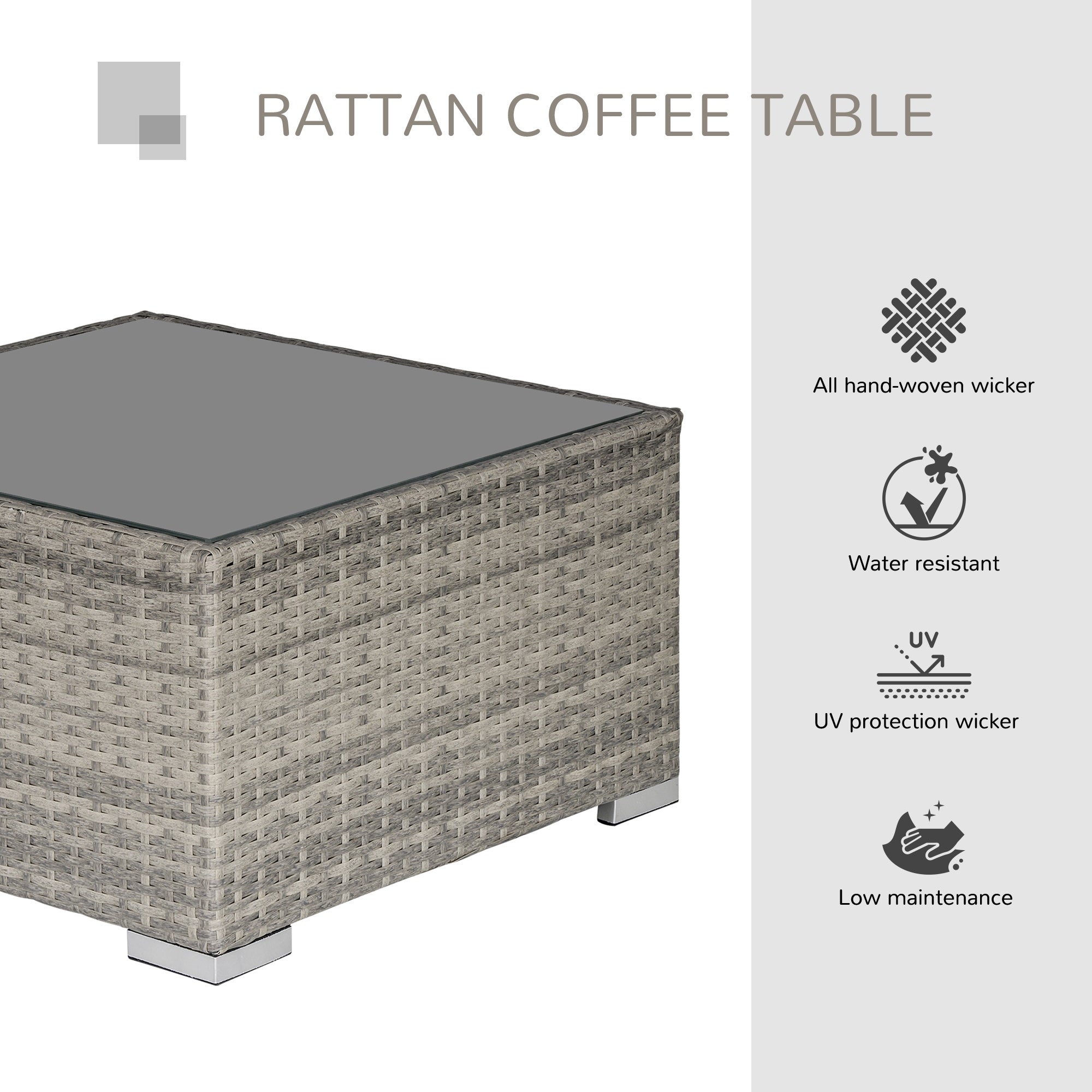Outsunny Square PE Wicker Rattan Table, with Glass Top - Light Grey 