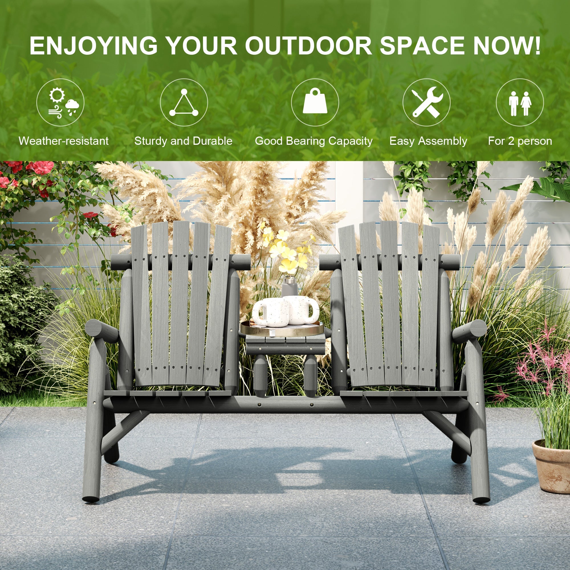 Outsunny Wood Patio Chair Bench 2 Seats w/ Centre Coffee Table, Garden Bench, Grey 