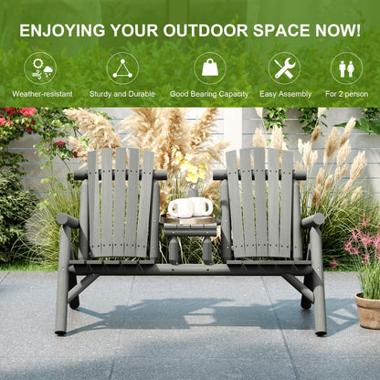 Outsunny Wood Patio Chair Bench 2 Seats w/ Centre Coffee Table, Garden Bench, Grey 