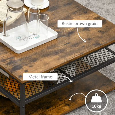 HOMCOM Coffee Table, Living Room Table with 3-Tier Storage Shelves, Square Tea Table for Home Office, Rustic Brown 