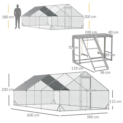 PawHut Walk In Chicken Run with Chicken Activity Shelf and Cover, 3 x 6 x 2m 
