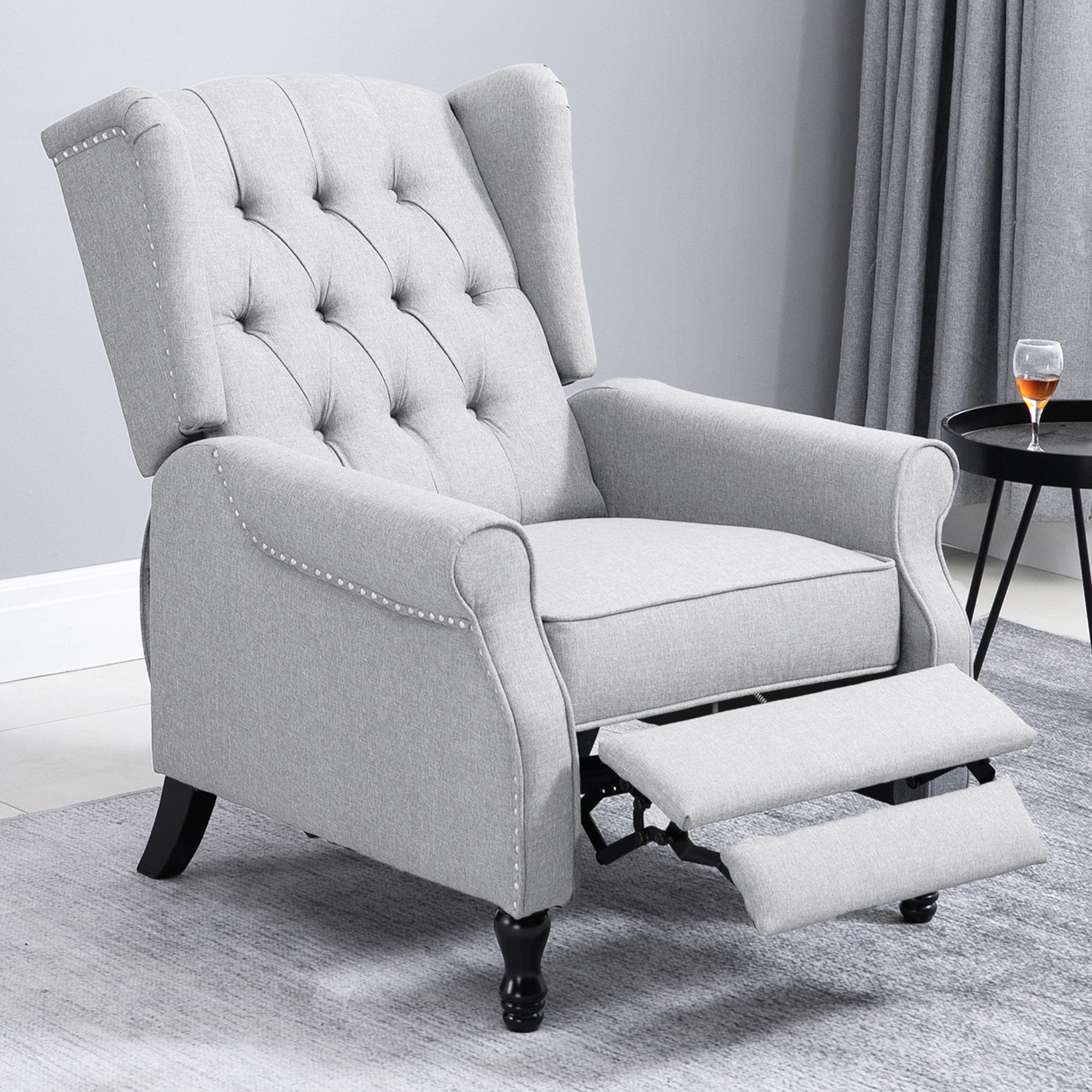 HOMCOM Recliner Armchair, Vintage Reclining Chair with Nail Head Trim, Wingback Chair with Button Tufted Back and Footrest, for Living Room, Light Grey