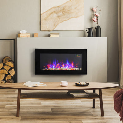 HOMCOM LED Wall Mounted Fireplace Curved Glass Electric Fire Place for Living Room, 1000W/2000W, 48H x 90.8W x 11.5Dcm, Black 