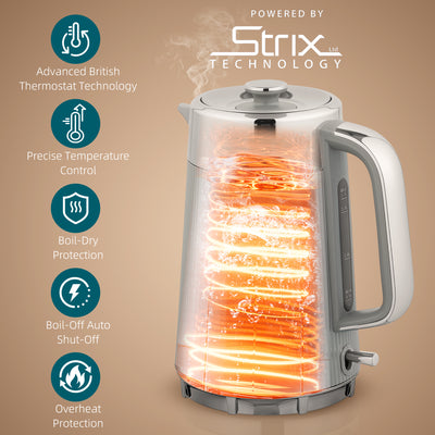 HOMCOM Electric Stainless Steel Kettle and Toaster Set, 3000W 1.7L UK Strix Thermostat Fast Boil Kettle w/ Limescale Filter, Cool Touch Body, 4 Slice Toaster with 7 Browning Levels, Crumb Tray, Tan 