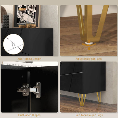 HOMCOM Modern Luxe High Gloss Sideboard with Golden Hairpin Legs, Black 
