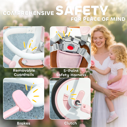 AIYAPLAY 5 in 1 Kids Trike with Adjustable Backrest, Toddler Tricycle with Push Handlebar, Adjustable Backrest, Pink