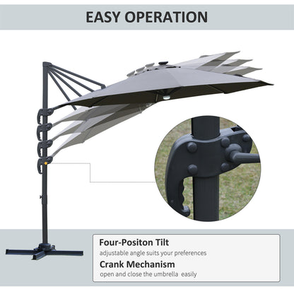 Outsunny 3(m) LED Cantilever Parasol Outdoor Sun Umbrella w/ Base Solar Lights Grey