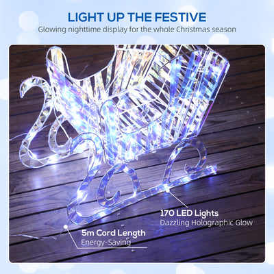 Outsunny Lighted Christmas Reindeer with Sleigh, Outdoor Yard Reindeer with 170 Warm White LED Lights, Holiday Decor with Stakes, Waterproof, Silver 