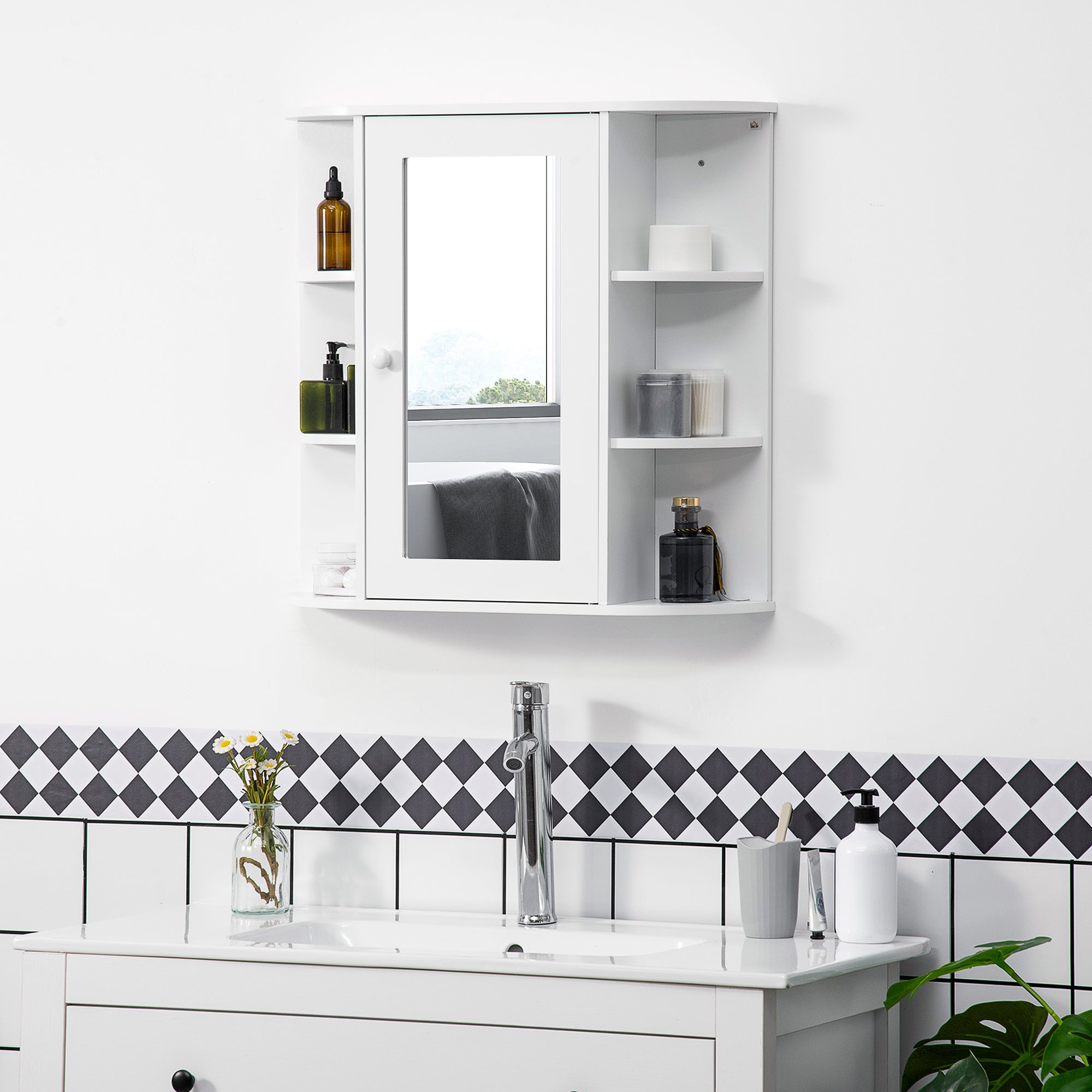 HOMCOM Wall Mounted Bathroom Cabinet with Mirror Single Door Storage Organizer 2-tier Inner Shelves White 