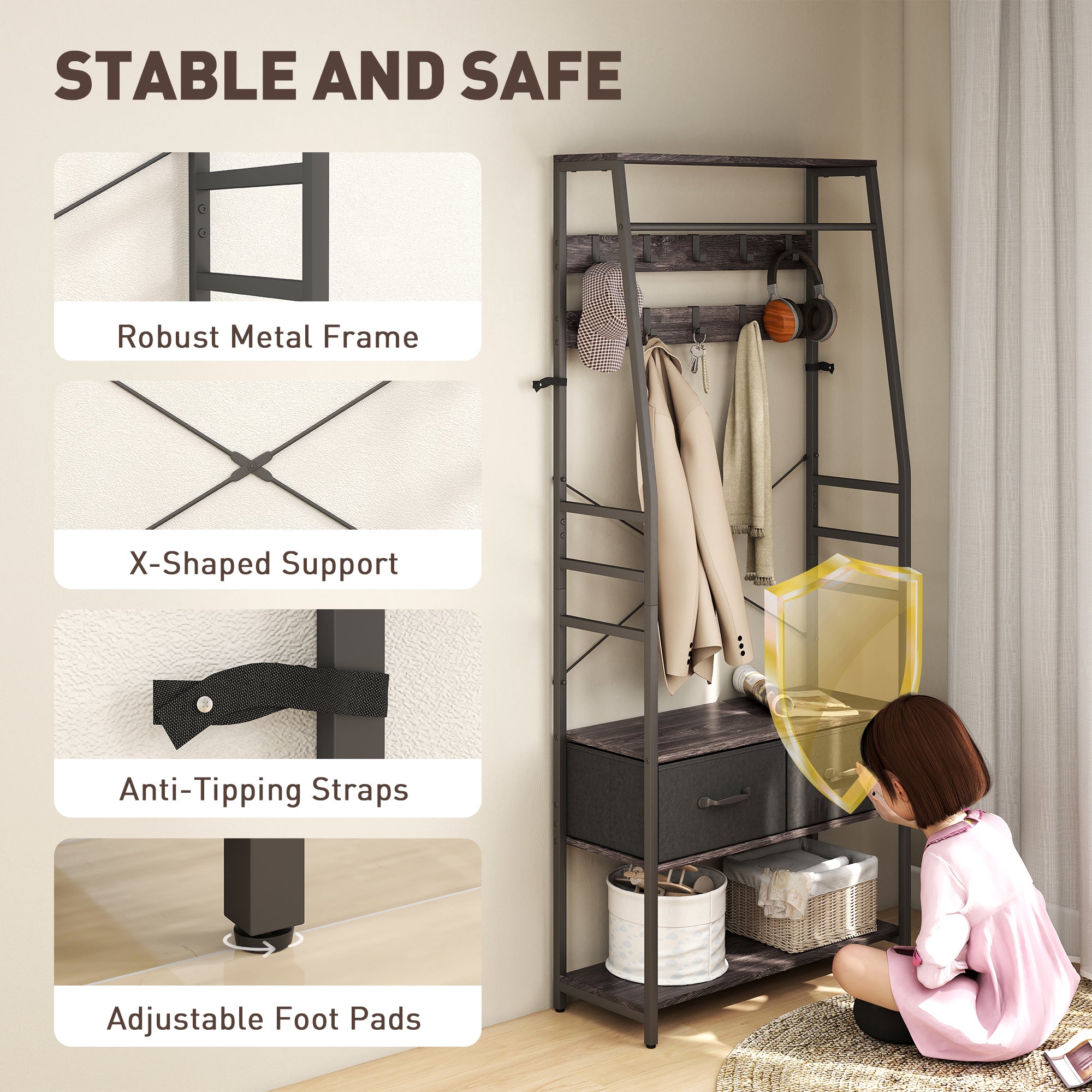 HOMCOM Coat Rack with Shoe Storage, Hall Tree, Industrial Coat Stand with Shoe Bench, 10 Removable Hooks, 2 Fabric Drawers and Clothes Rail for Entryway, Hallway, Grey 
