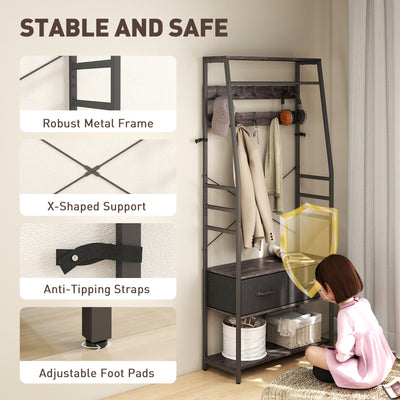 HOMCOM Coat Rack with Shoe Storage, Hall Tree, Industrial Coat Stand with Shoe Bench, 10 Removable Hooks, 2 Fabric Drawers and Clothes Rail for Entryway, Hallway, Grey 