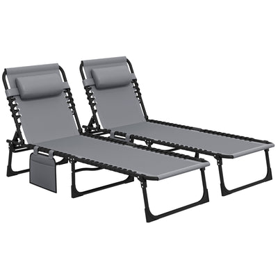 Outsunny Portable Sun Lounger Set of 2, Folding Camping Bed Cot, Reclining Lounge Chair 5-position Adjustable Backrest with Side Pocket, Pillow for Patio Garden Beach Pool, Grey 