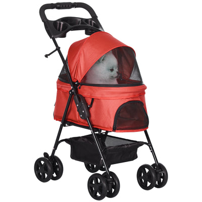 PawHut Dog Pram Dog Stroller Foldable Pet Pushchair with 4 Wheels, Safety Leashes, Cup Holder for Small Dogs, Red 