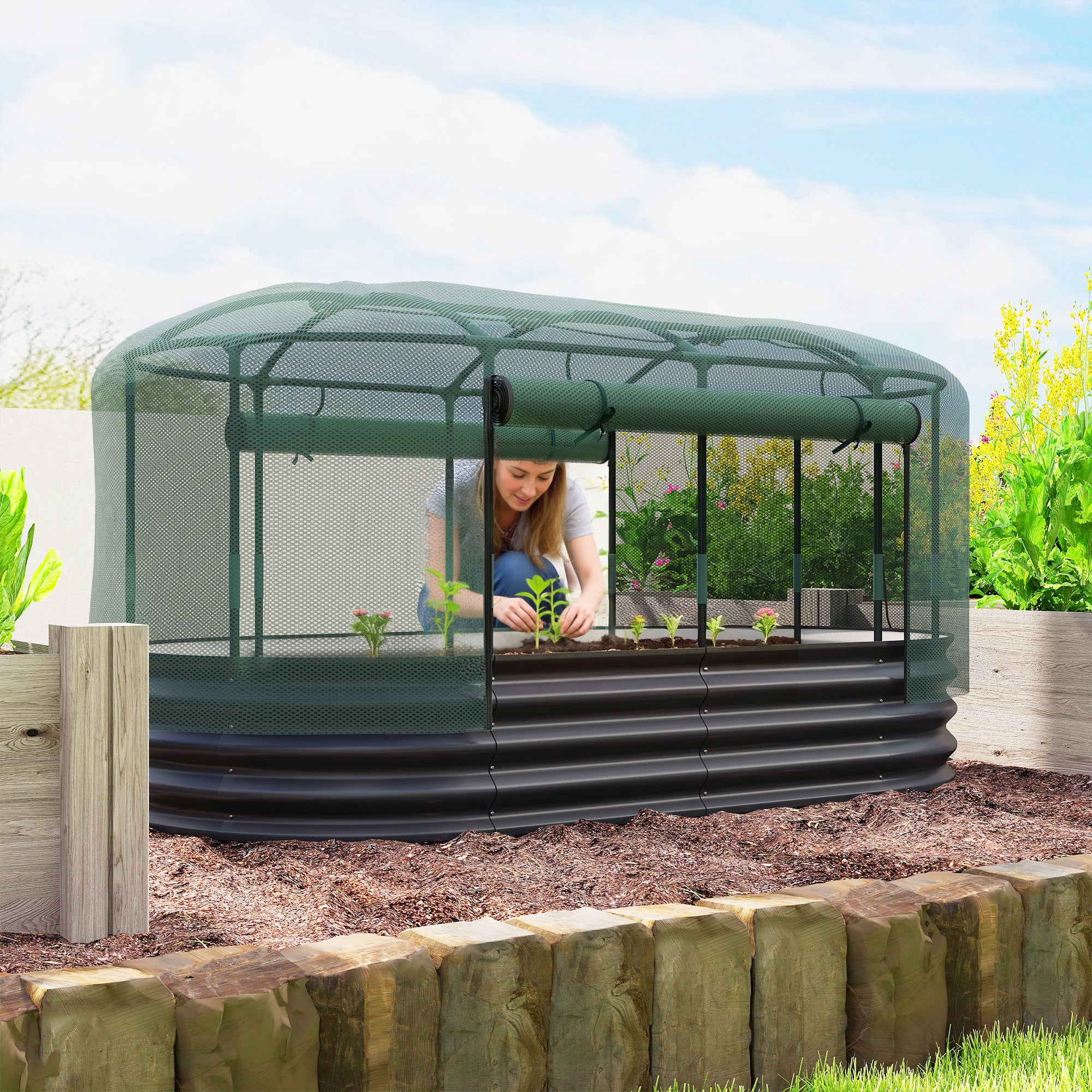 Outsunny Galvanised Raised Garden Bed Kit with Self Watering System and Mesh Cover, Garden Boxes, 6x3Ft, Dark Grey and Green 