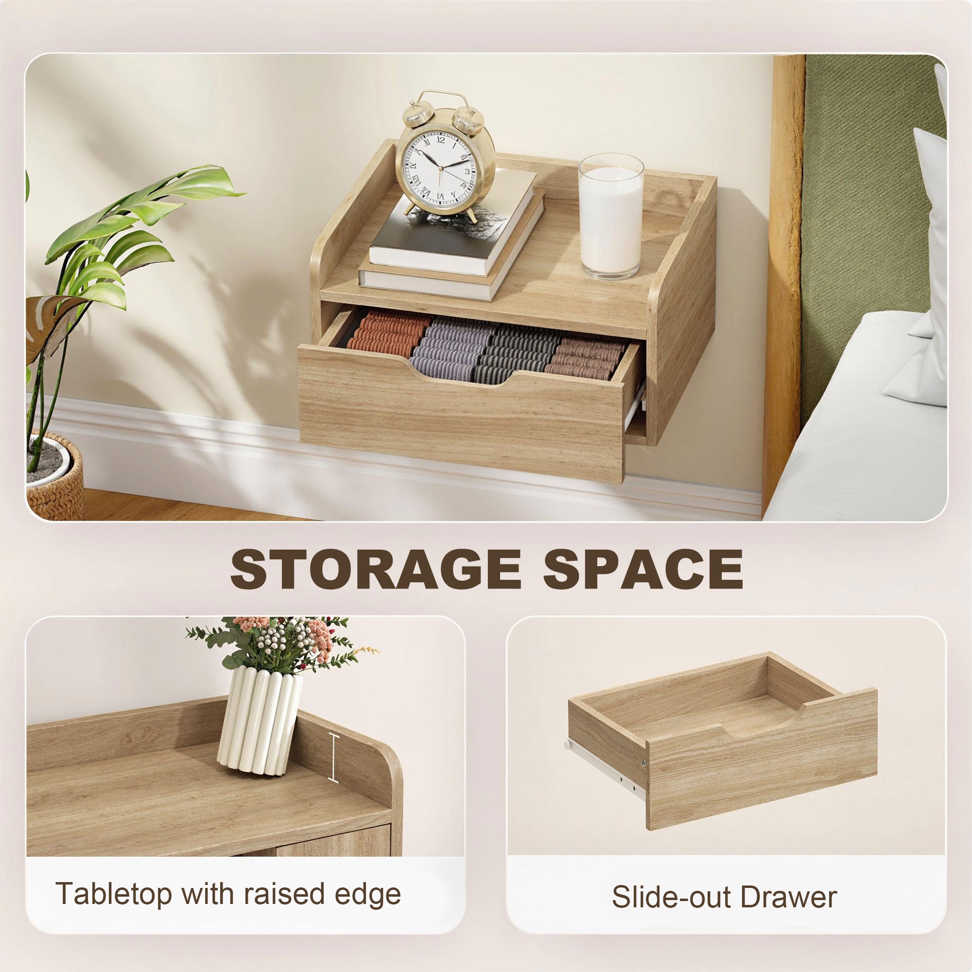 HOMCOM Floating Nightstands Set of 2, Wall Mounted Bedside Table with Drawer for Bedroom, Natural Wood 