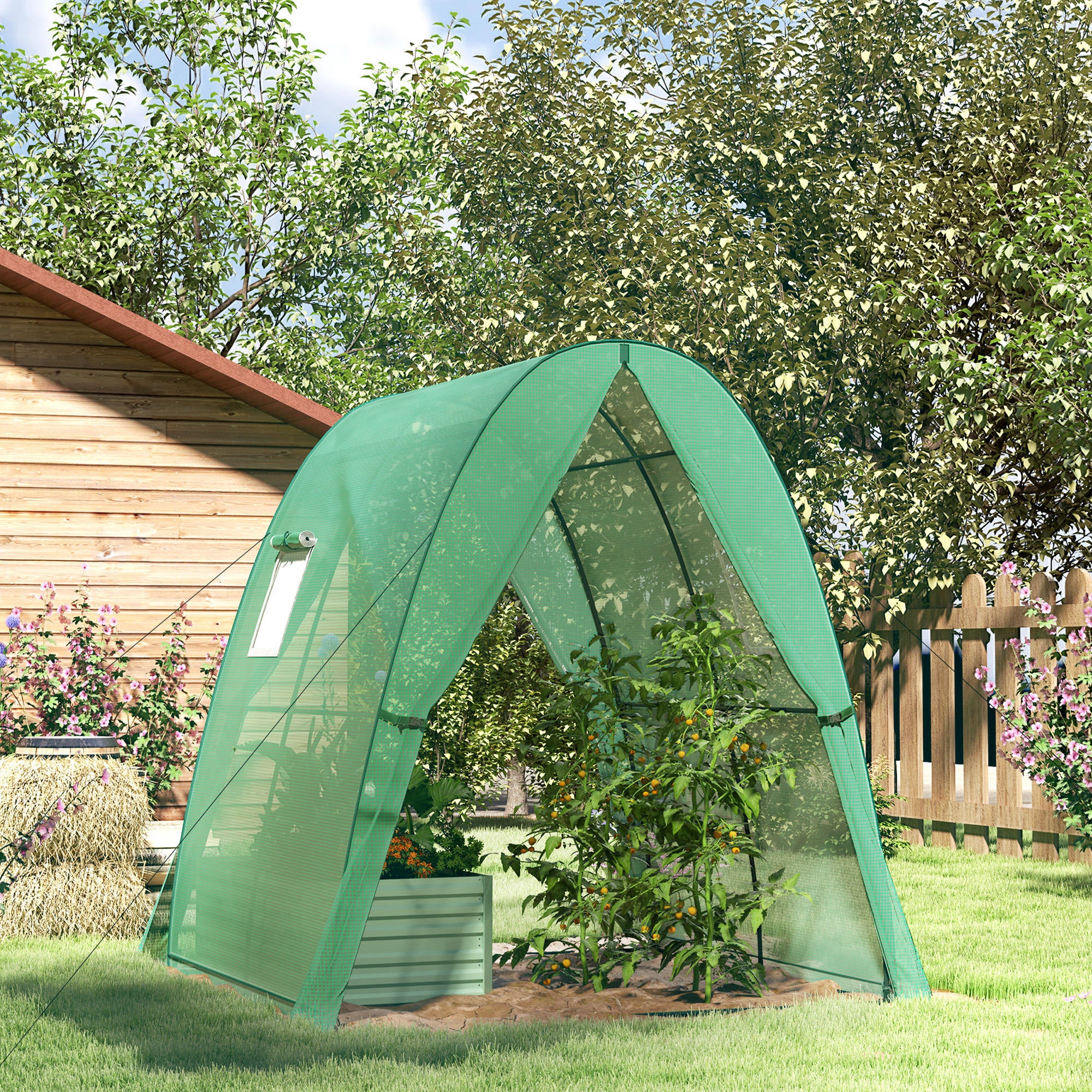 Outsunny Polytunnel Greenhouse with Sandbags, Walk-In Tunnel Green House with 2 Doors and Screen Windows, 1.8 x 1.8 x 2m, Green 