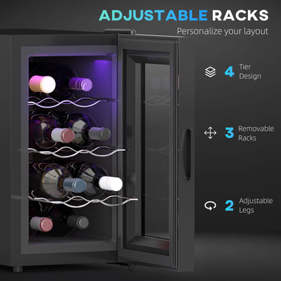 HOMCOM Mini Wine Fridge, 8 Bottle, 21L, 26.5cm, Freestanding and Under Counter, Quiet Wine Cooler Fridge with Glass Door, LED Light, Digital Touch Screen, Temperature Control 