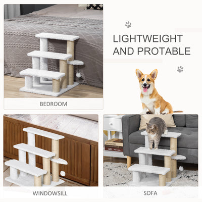 PawHut Pet Stair with 3-step Climb Ladder, Scratching Posts, Platforms, Toy Ball, for Indoor Elderly Cats Kittens, White 